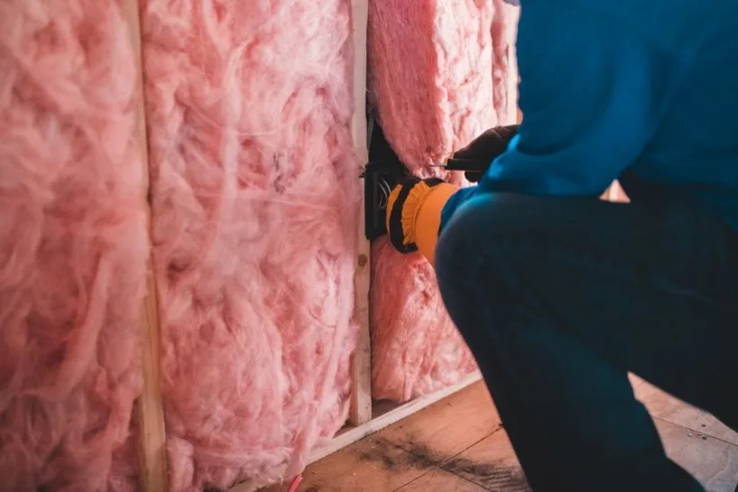 Worker installing attic insulation